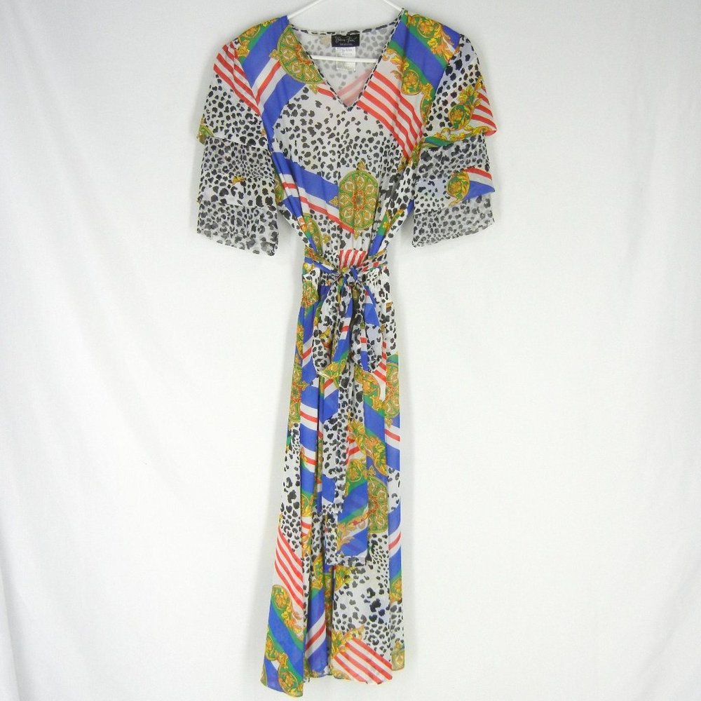 vtg DIANE FREIS Mixed Print Dress w/ Sash Full